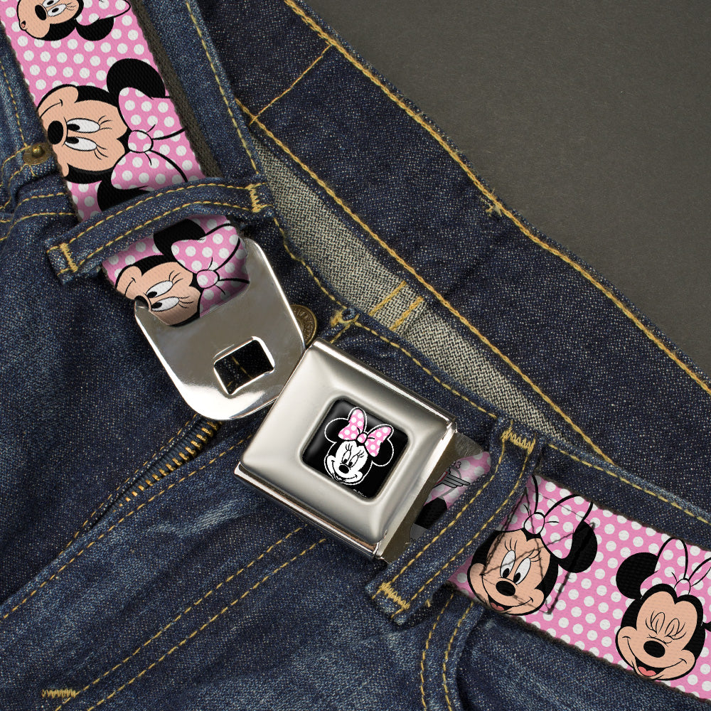Minnie Mouse Full Color Face Pink Polka Dot Black Seatbelt Belt - Minnie Mouse Expressions Polka Dot Pink/White Webbing