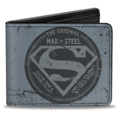 Bi-Fold Wallet - Superman THE ORIGINAL MAN OF STEEL Badge + Quote Weathered Grays Red