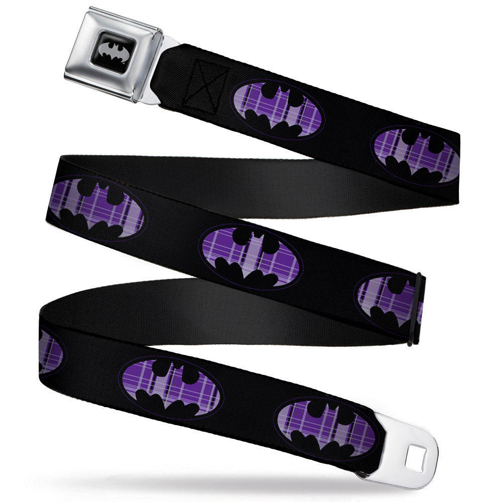 Batman Black Silver Seatbelt Belt - Batman Signal Black/Purple Plaid Webbing