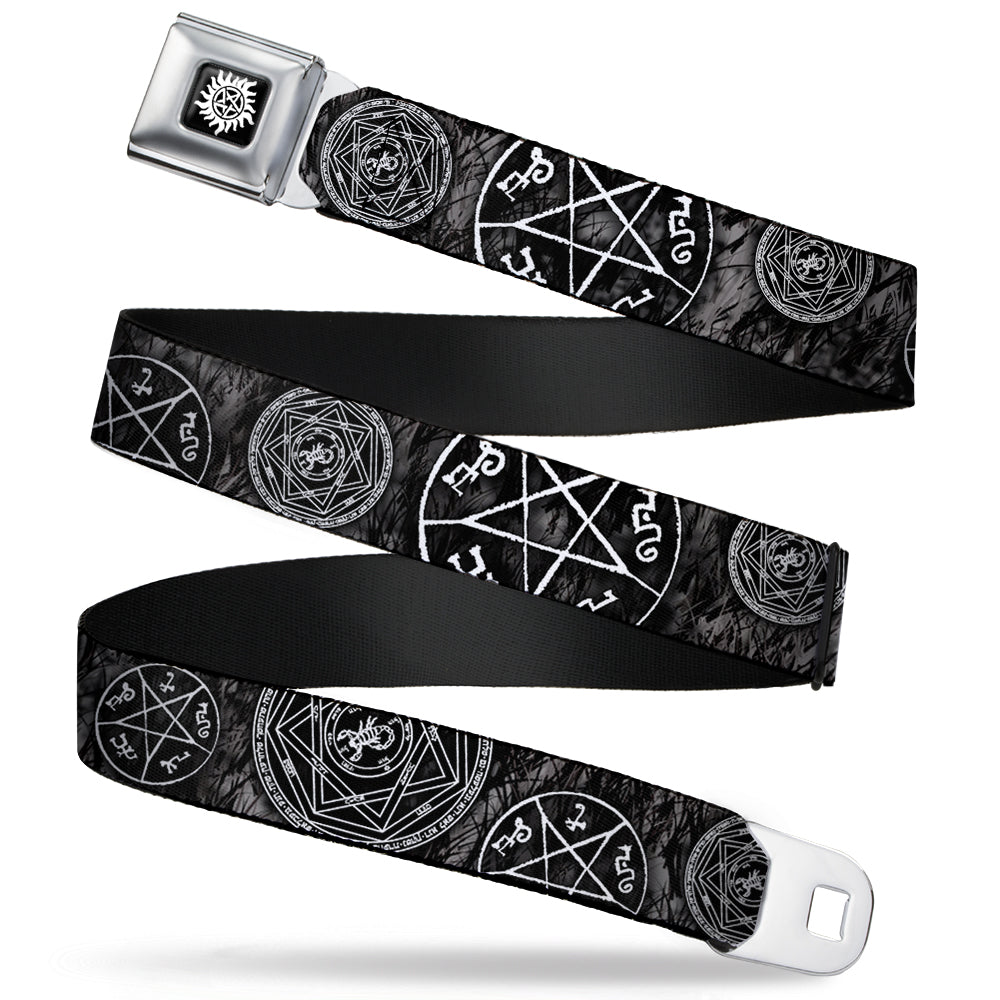 Winchester Logo Full Color Black White Seatbelt Belt - Supernatural Devil&#39;s Trap Pentagrams Grays/Black/White Webbing