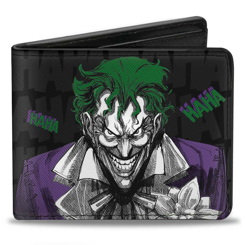 Bi-Fold Wallet - Joker Smiling + Laughing Poses HAHA Black Gray Purple Green