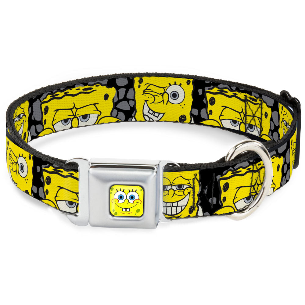 SpongeBob Face CLOSE-UP Full Color Seatbelt Buckle Collar - SpongeBob 4-CLOSE-UP Expressions/Crackle Black/Gray/Yellow