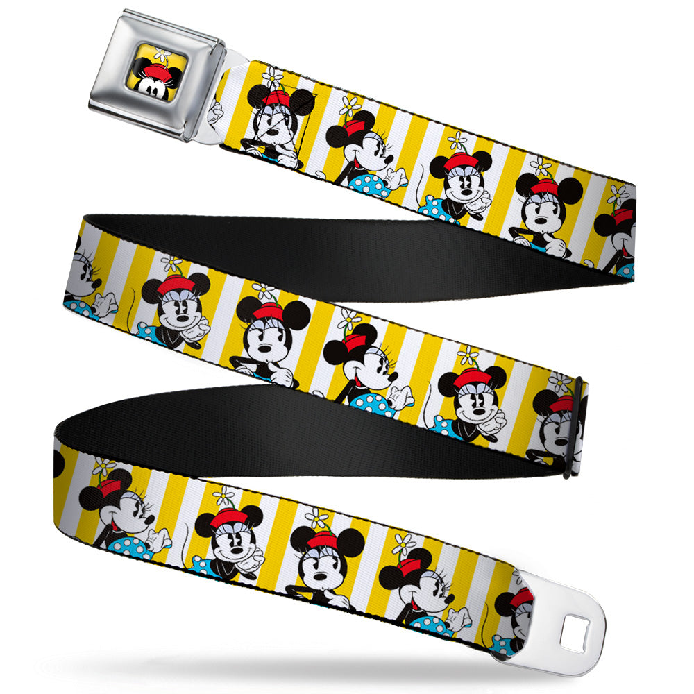Minnie Mouse w Hat CLOSE-UP Full Color Yellow Seatbelt Belt - Minnie Mouse w/Hat Poses Stripe Yellow/White Webbing