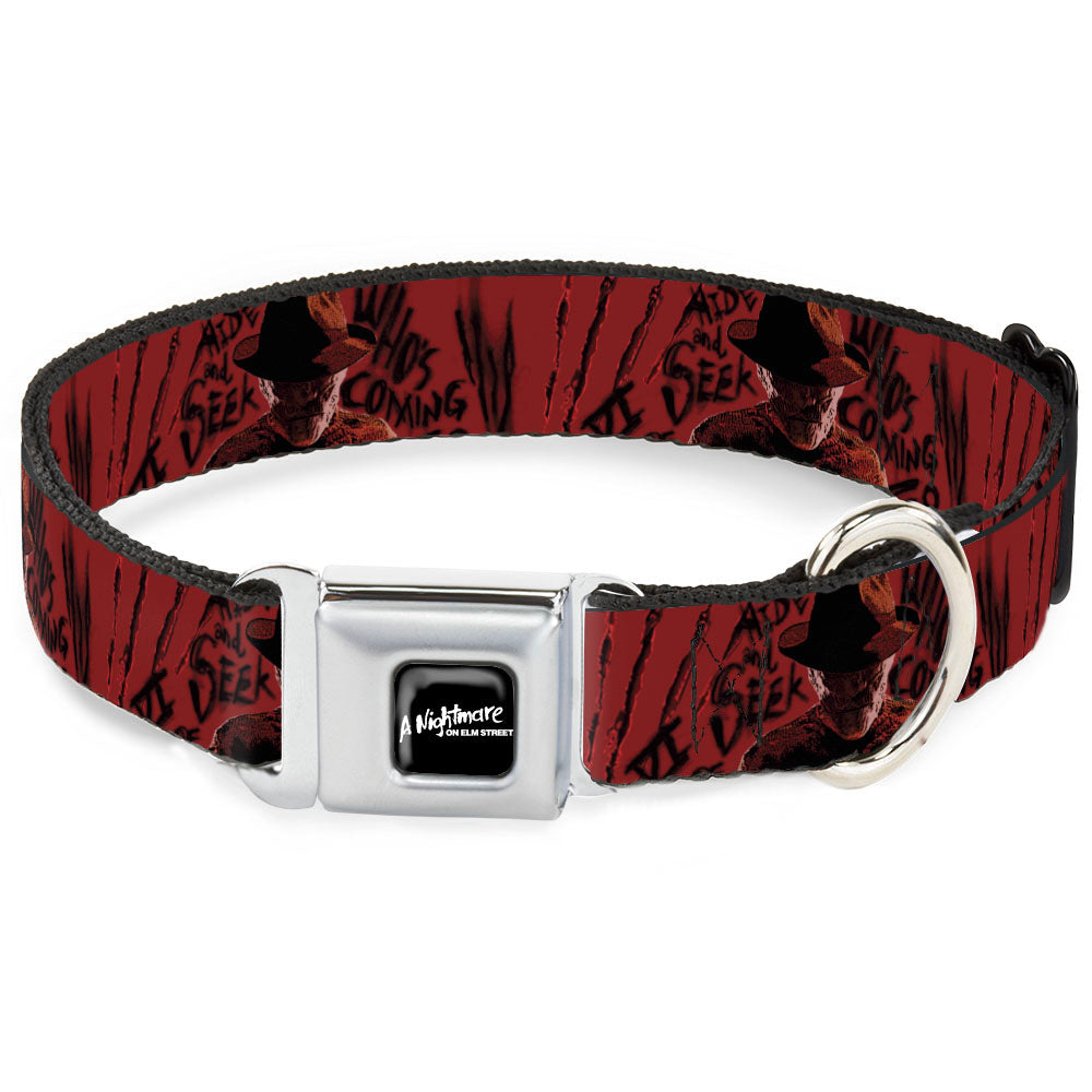 A NIGHTMARE ON ELM STREET Logo Full Color Black/Reds Seatbelt Buckle Collar - Freddy Poses/Quote Scrawls/Hand Scratching2 Reds/Black
