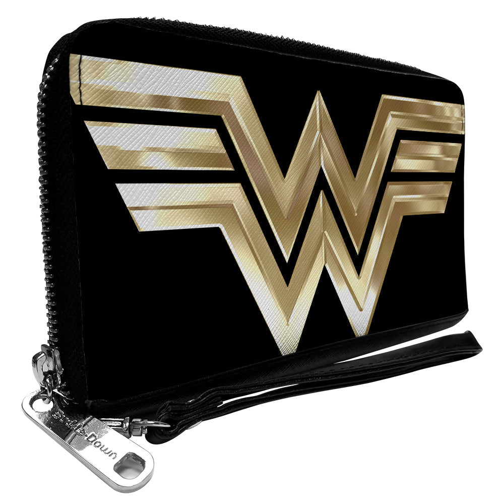 Women&#39;s PU Zip Around Wallet Rectangle - Wonder Woman 1984 WW Logo Black Golds