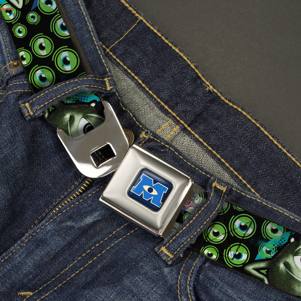 Monsters University Logo Full Color Blue White Seatbelt Belt - Mike Poses/Eyeballs Black/Greens Webbing