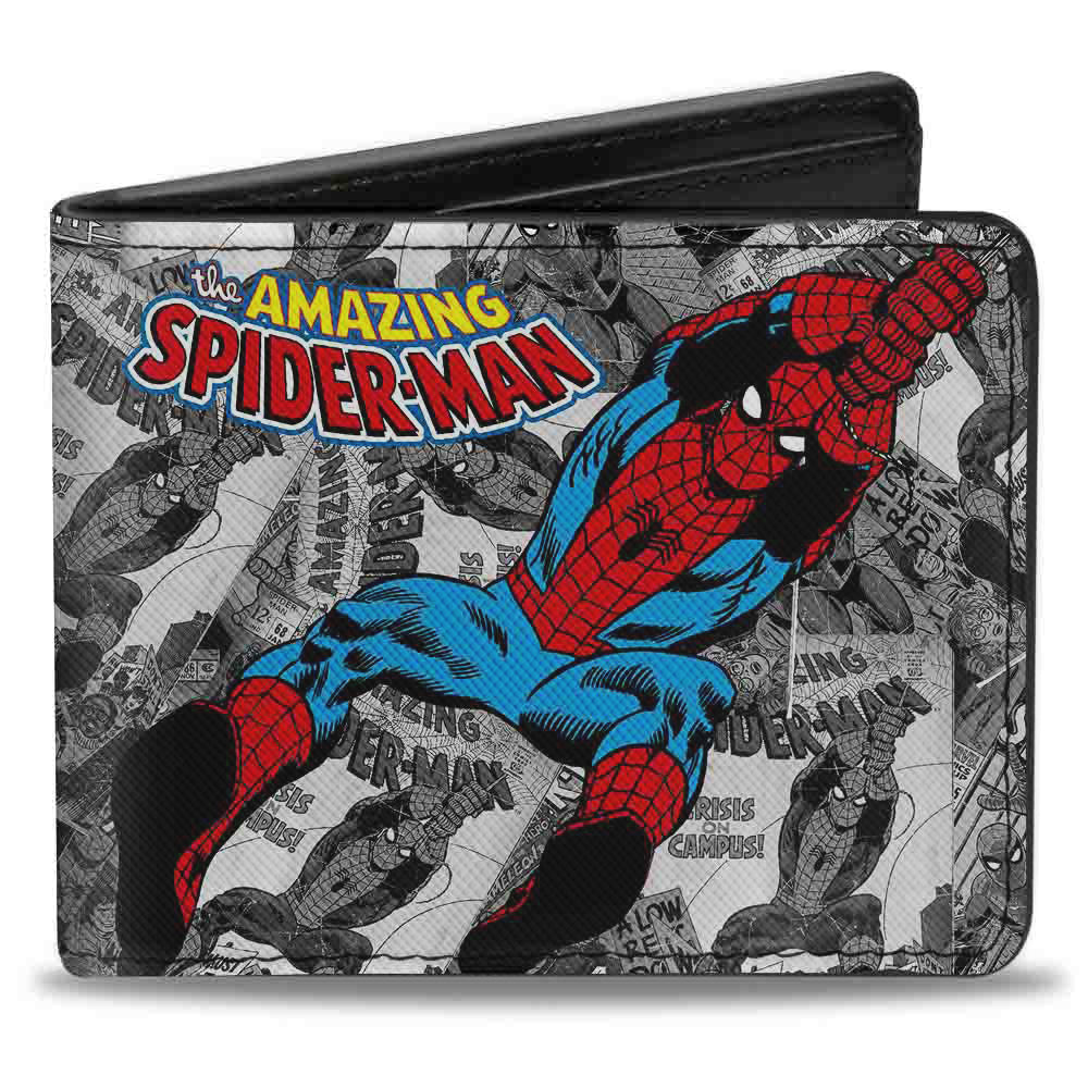 MARVEL COMICS Bi-Fold Wallet - THE AMAZING SPIDER-MAN Stacked Comic Books Action Poses Grays