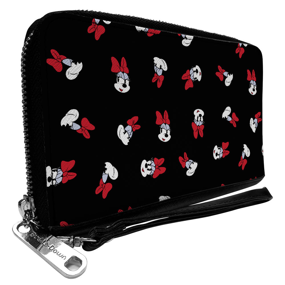 Women&#39;s PU Zip Around Wallet Rectangle - Minnie Mouse Expressions Scattered Black