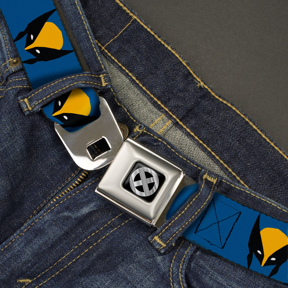 X-Men Logo Black/Silver Seatbelt Belt - Wolverine Mask Icon Blue/Black/Yellow Webbing