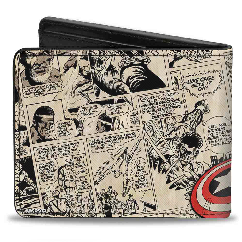 MARVEL COMICS Bi-Fold Wallet - 5-Retro Avengers Group Pose MARVEL COMICS Logo Stacked Comic Scenes