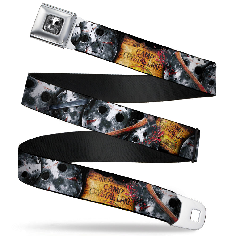 Jason Mask2 CLOSE-UP Full Color Black/Grays Seatbelt Belt - FRIDAY THE 13th/WELCOME TO CAMP CRYSTAL LAKE/Jason Mask3 Stacked/Axe Webbing