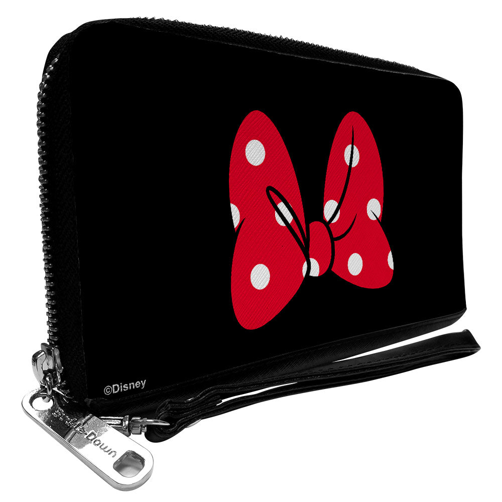 Women&#39;s PU Zip Around Wallet Rectangle - Minnie Mouse Bow Polka Dot Black Red White