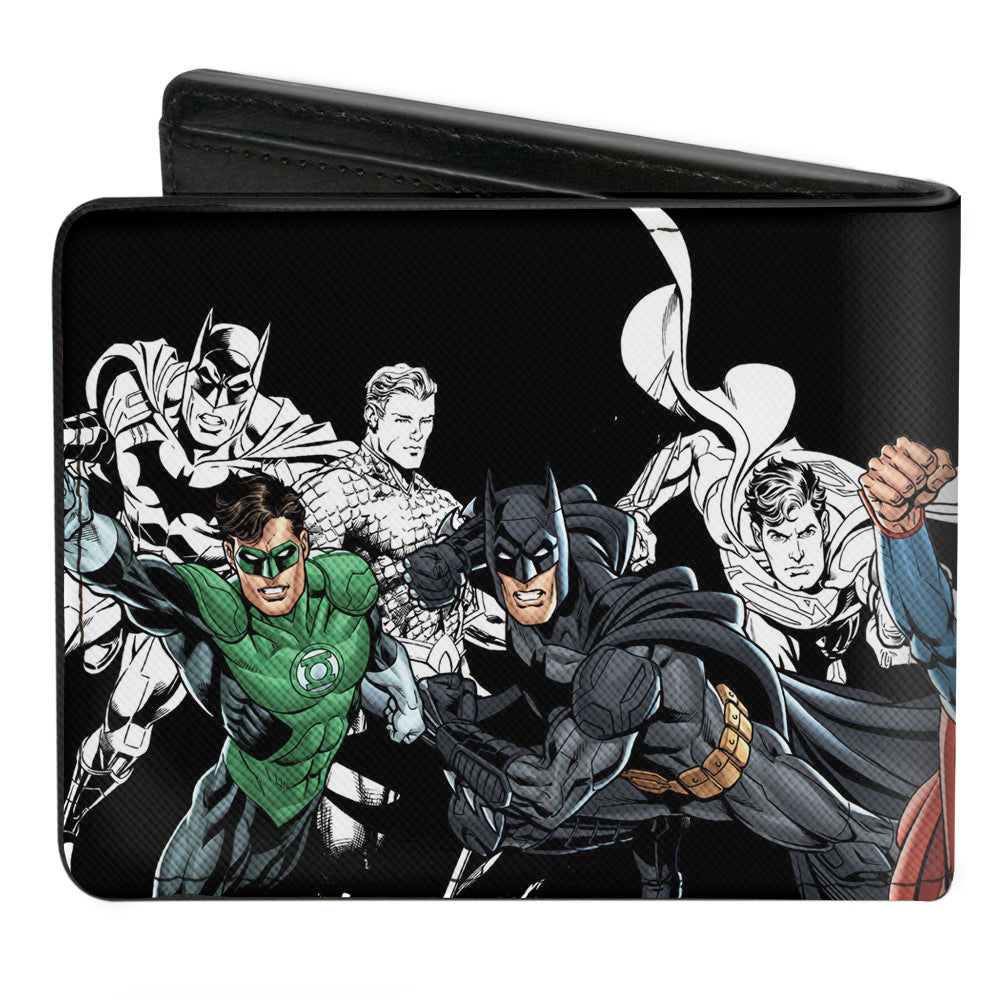 Bi-Fold Wallet - Justice League New 52 5-Superhero Double Action Poses Black White Full Color