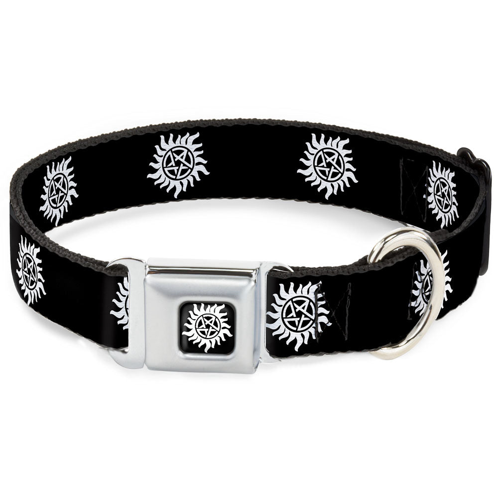Winchester Logo Full Color Black White Seatbelt Buckle Collar - Winchester Pentagram Repeat Black/White