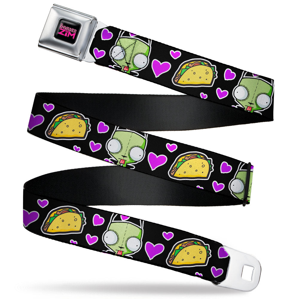 INVADER ZIM Title Logo Full Color Pink/Green Seatbelt Belt - Invader Zim GIR and Tacos Heart Collage Black Webbing