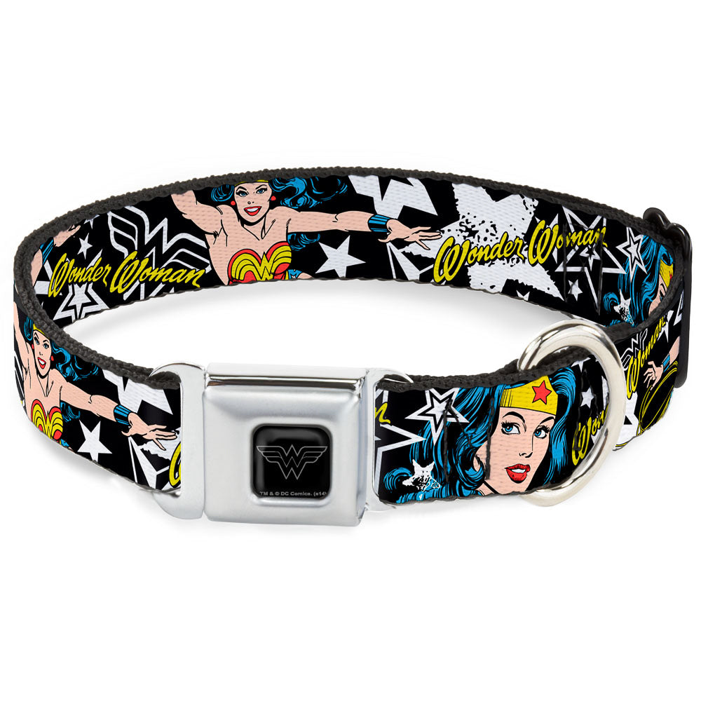 Wonder Woman Black Silver Seatbelt Buckle Collar - Wonder Woman/StarsÂ Black/White