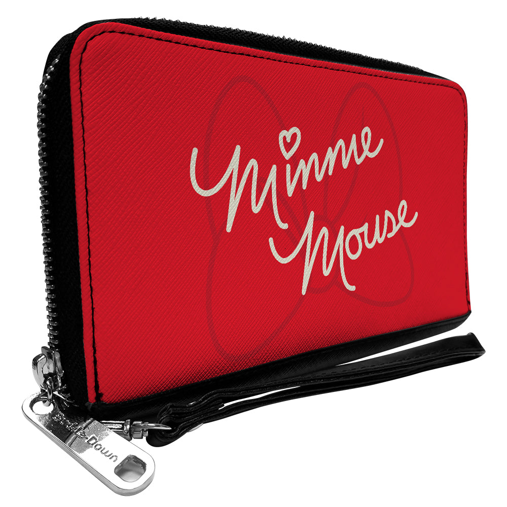 Women&#39;s PU Zip Around Wallet Rectangle - MINNIE MOUSE Script and Bow Reds White