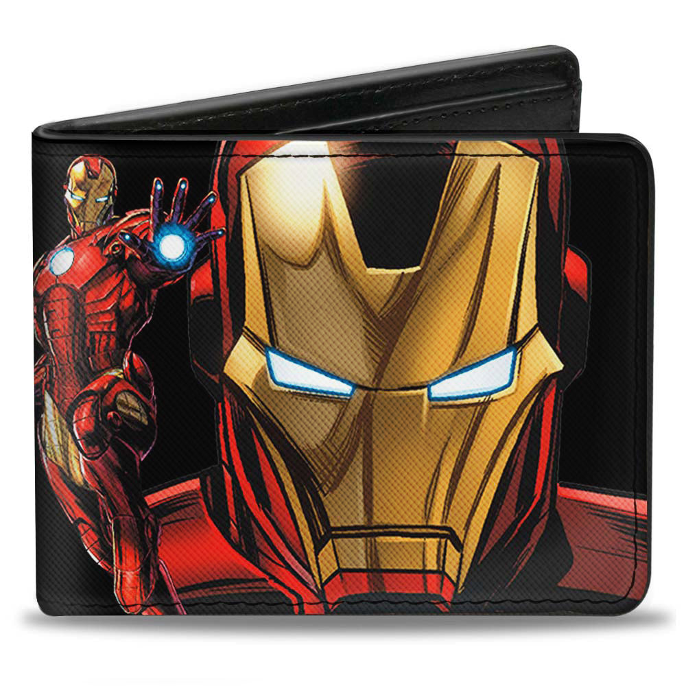 MARVEL AVENGERS Bi-Fold Wallet - Iron Man Pose Face CLOSE-UP + Pose IRON MAN &quot;A&quot; Logo Black Gold Red