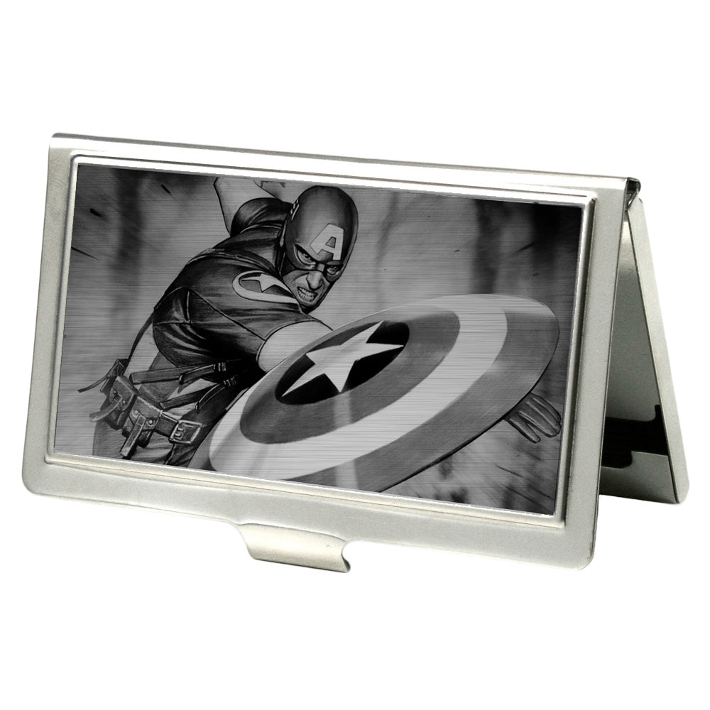 MARVEL UNIVERSE Business Card Holder - SMALL - Captain America Throwing Shield Pose Brushed Silver