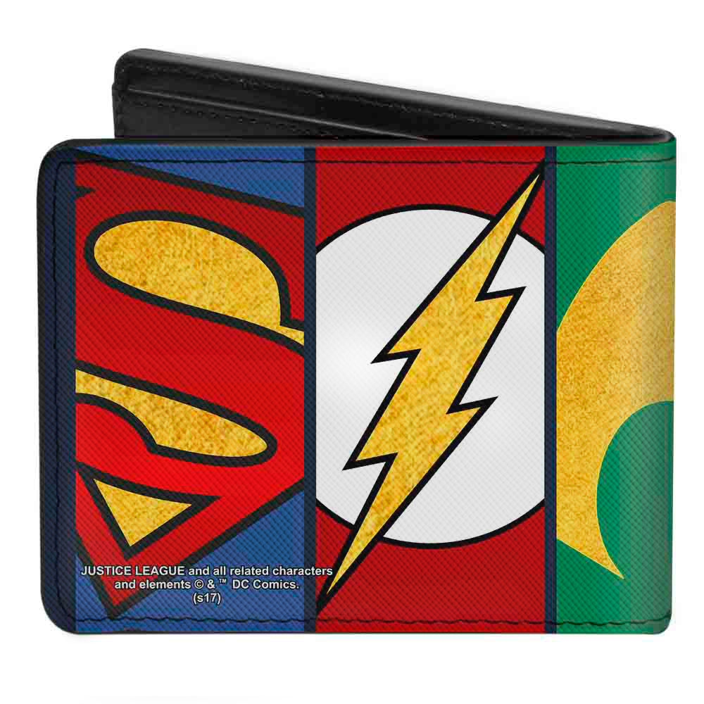 Bi-Fold Wallet - Justice League 5-Superhero Textured Logo CLOSE-UP Panels