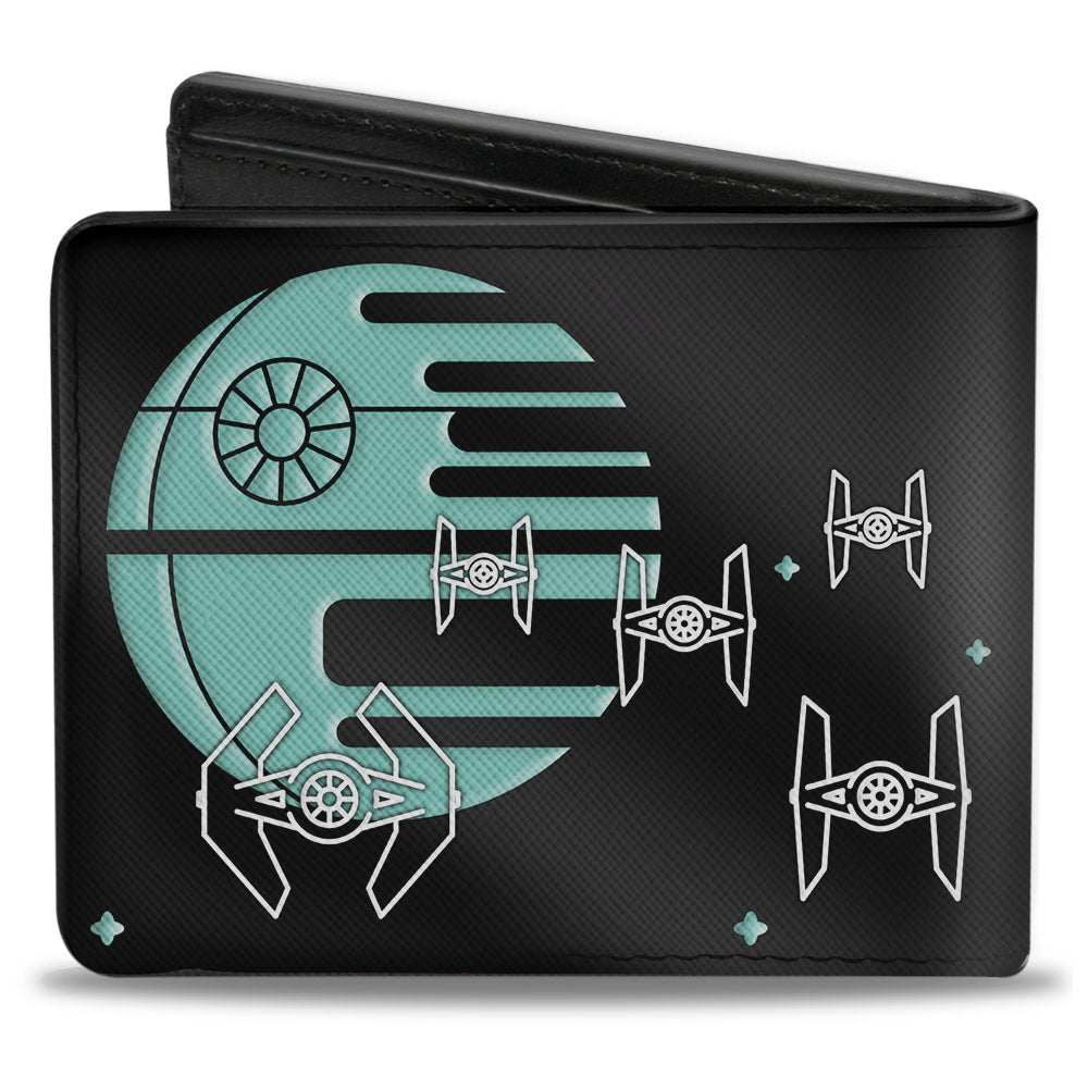 Bi-Fold Wallet - Star Wars Imperial Star Destroyer + Death Star TIE Fighters Black White Aqua Blue