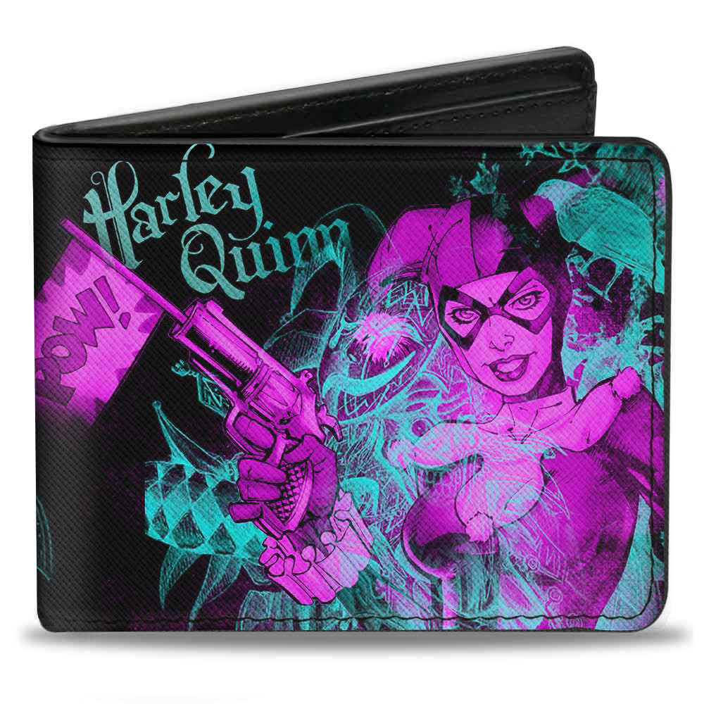 Bi-Fold Wallet - HARLEY QUINN Pow + Aiming Poses Joker Sketch Black Turquoise Fuchsia