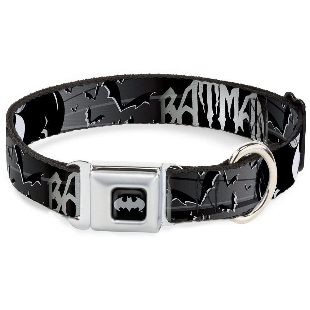 Batman Black Silver Seatbelt Buckle Collar - BATMAN w/Bat Signals &amp; Flying Bats Black/White