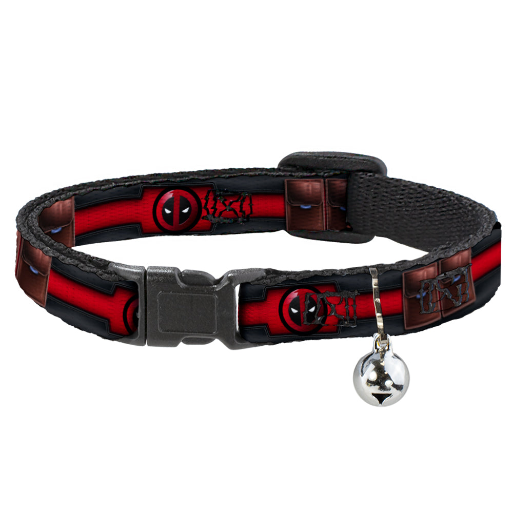 MARVEL DEADPOOL Cat Collar Breakaway - Deadpool Utility Belt Logo Pockets Black Reds Browns