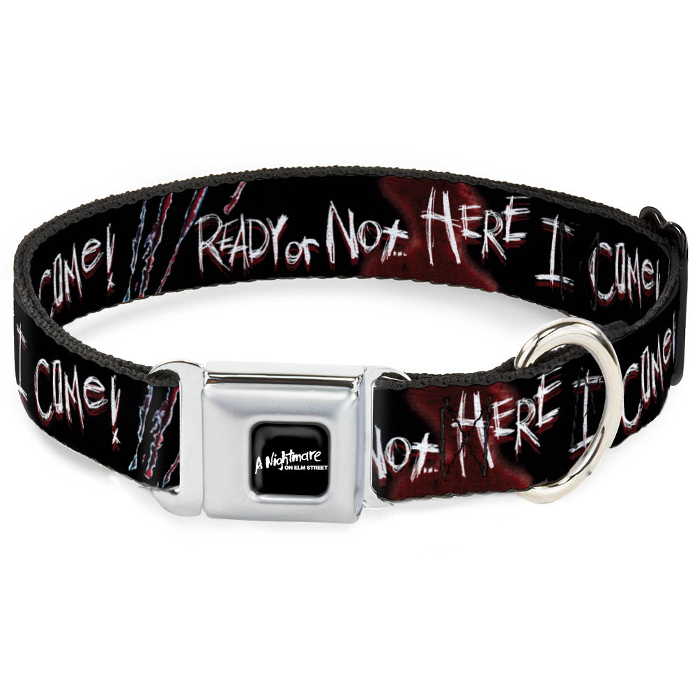 A NIGHTMARE ON ELM STREET Full Color Black/Blood Splatter Reds Seatbelt Buckle Collar - A Nightmare on Elm Street READY OR NOT HERE I COME/Freddy Silhouette Black/Reds/White