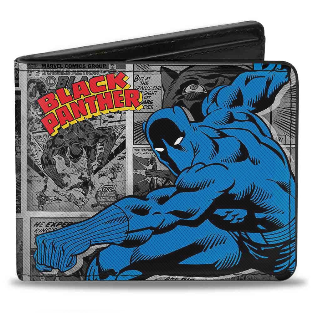 MARVEL COMICS Bi-Fold Wallet - BLACK PANTHER Action Pose Comic Blocks Grays Yellow Red Blue