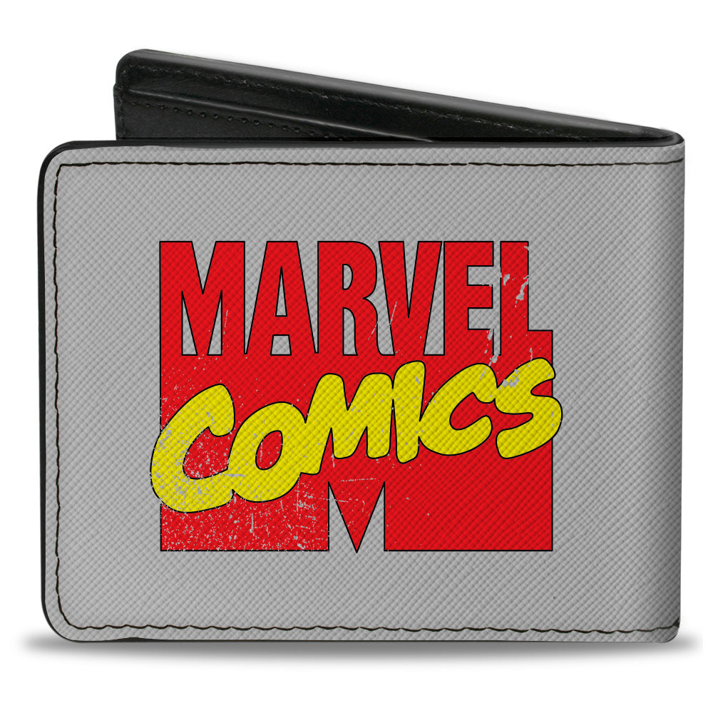 MARVEL COMICS Bi-Fold Wallet - Retro Marvel Comics Superhero Pose Blocks and Title Logo Gray Red Yellow