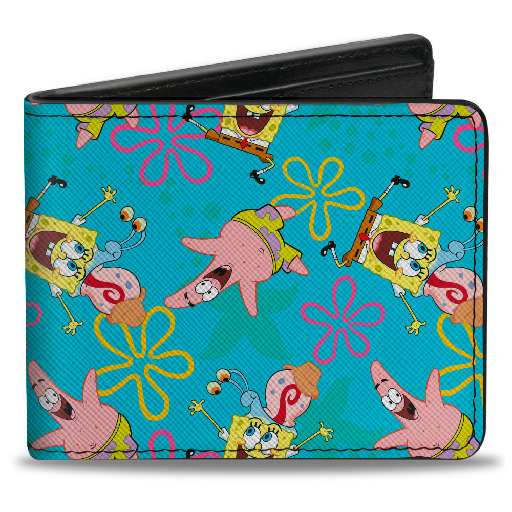 Bi-Fold Wallet - SpongeBob Patrick and Gary Joy Poses and Flowers Scattered Blue