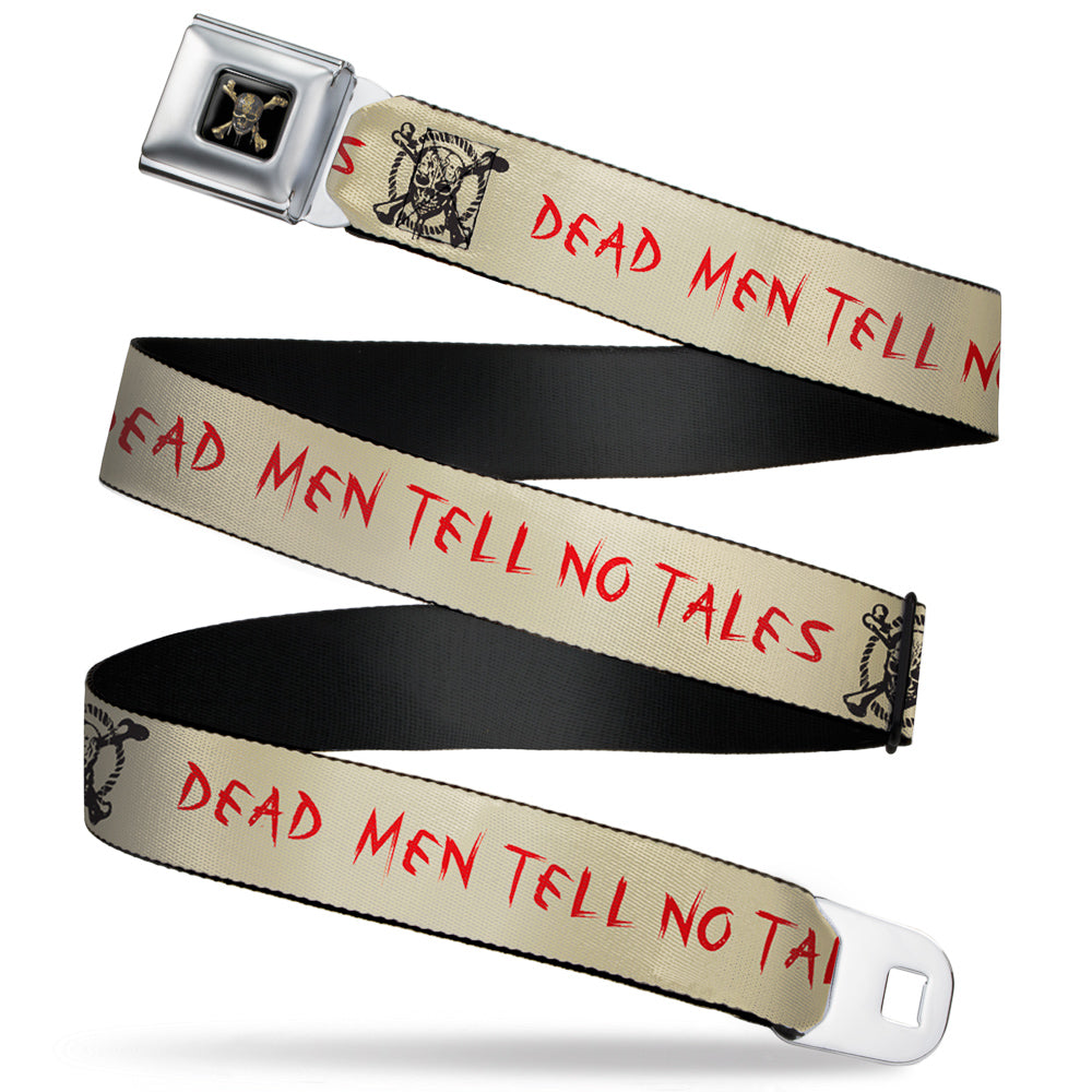 Pirates of The Caribbean Dead Men Tell No Tales Skull Icon Full Color Black Seatbelt Belt - Pirates Skull Icon/DEAD MEN TELL NO TALES Cream/Black/Red Webbing