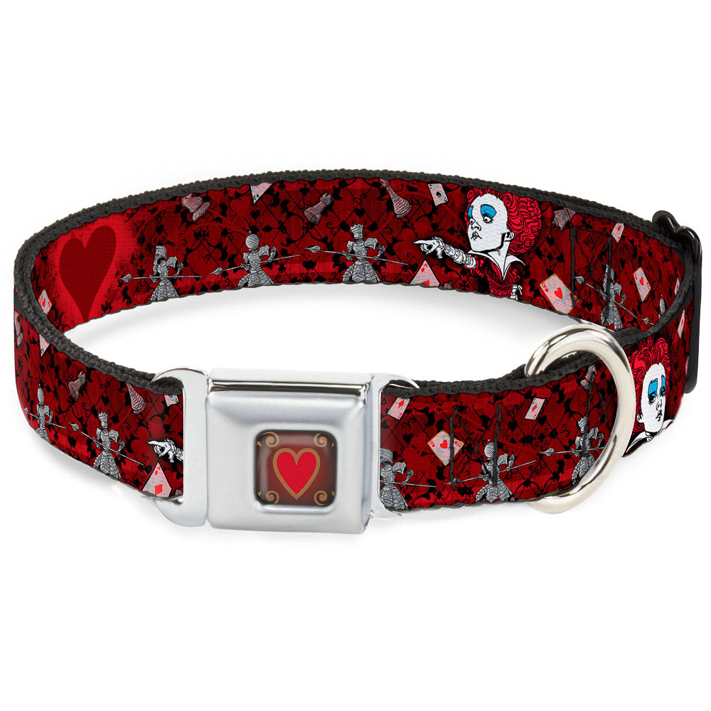 Queen&#39;s Heart Full Color Reds Gold Seatbelt Buckle Collar - Queen of Hearts Poses/Hearts/Cards Reds/Black