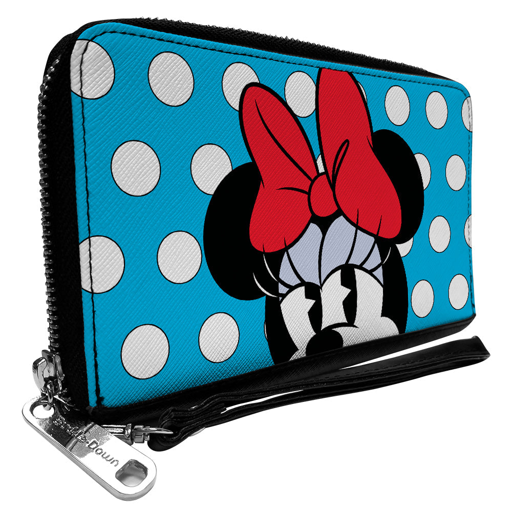 Women&#39;s PU Zip Around Wallet Rectangle - Minnie Style Face CLOSE-UP Dots Blue White