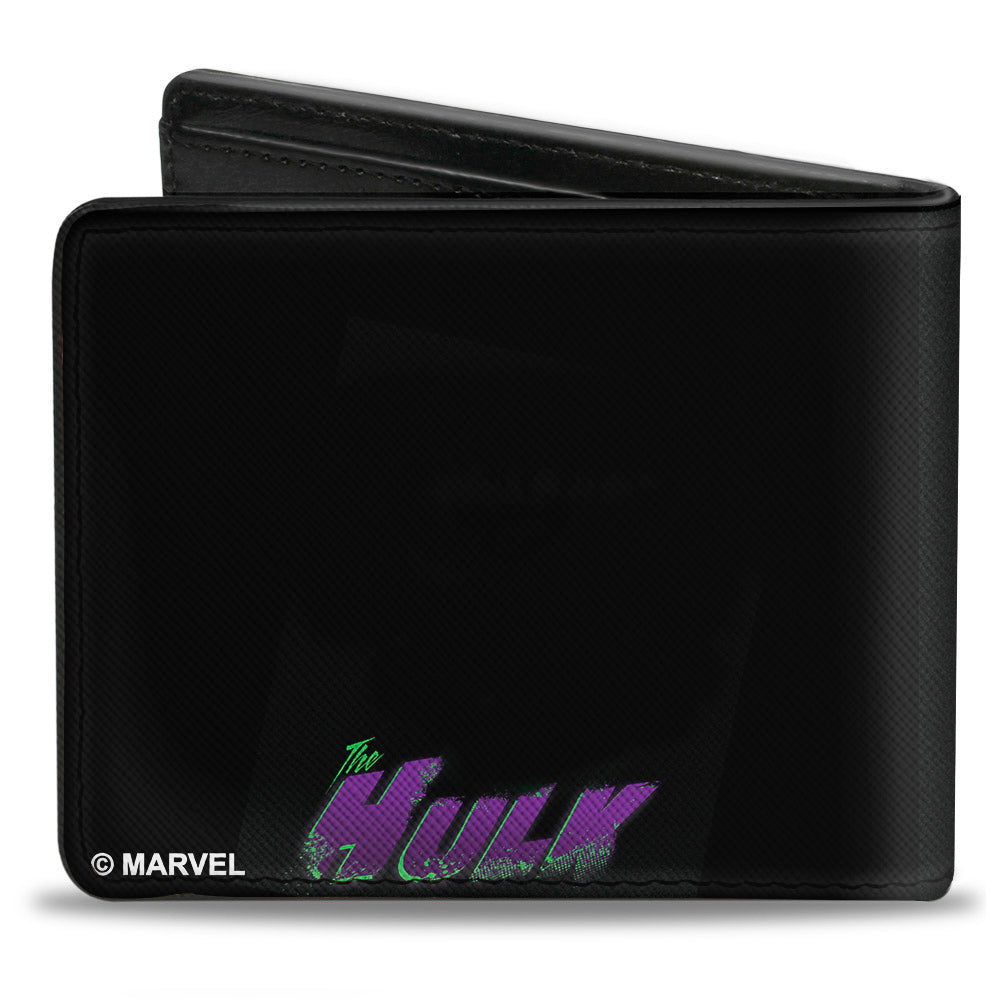 MARVEL AVENGERS Bi-Fold Wallet - THE HULK Face CLOSE-UP2 + Text Black Greens Purple