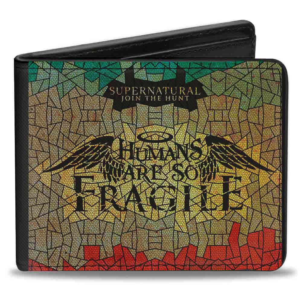 Bi-Fold Wallet - SUPERNATURAL-HUMANS ARE SO FRAGILE Stained Glass Black Greens Yellows Red