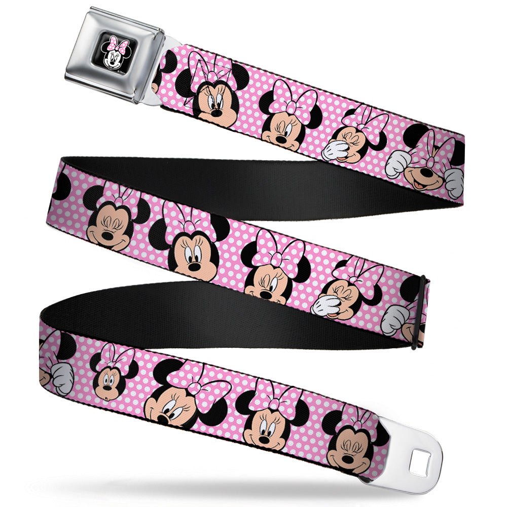 Minnie Mouse Full Color Face Pink Polka Dot Black Seatbelt Belt - Minnie Mouse Expressions Polka Dot Pink/White Webbing