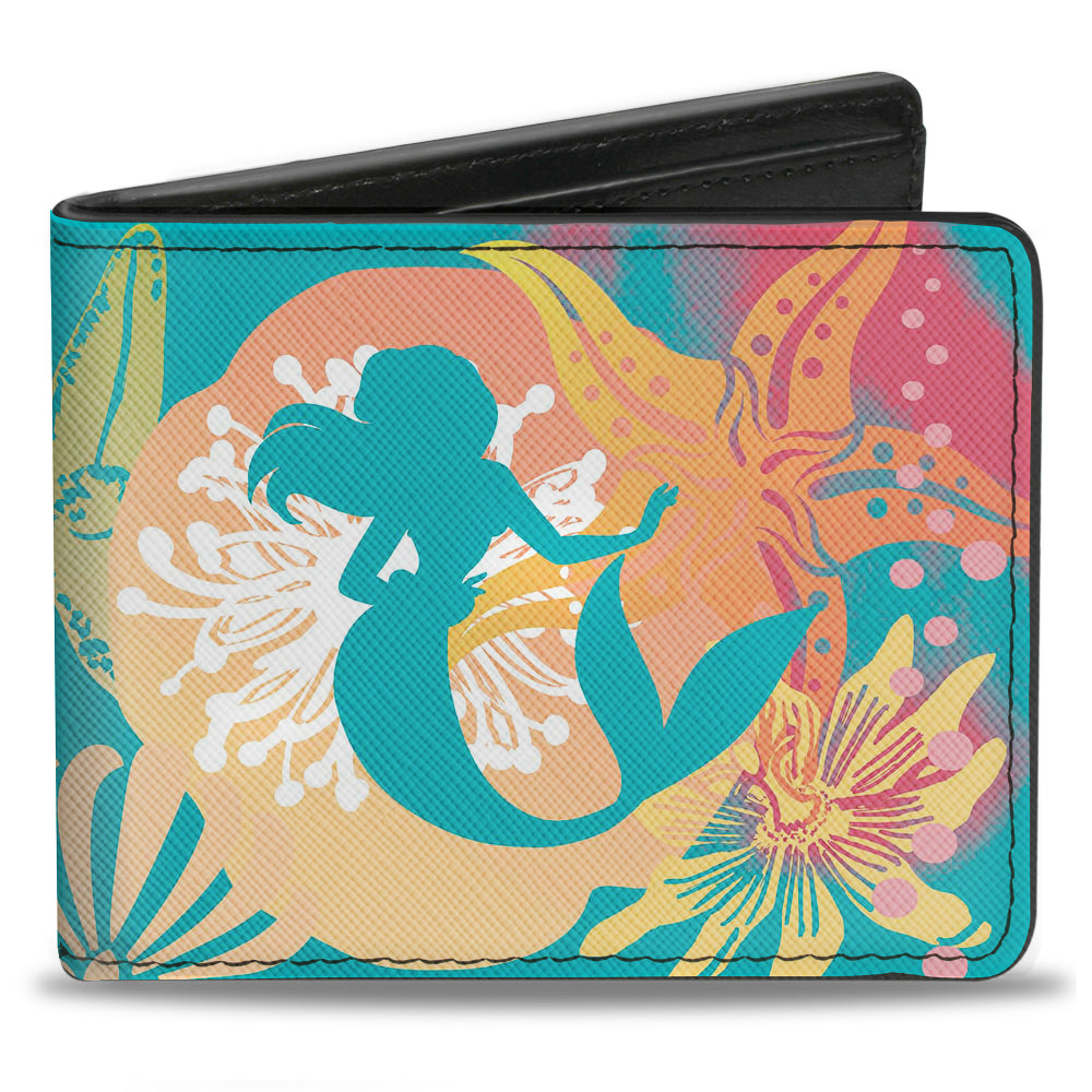 Bi-Fold Wallet - Ariel Pose Silhouette Shells &amp; Sea Flowers Collage2 Aqua Blue Multi Color