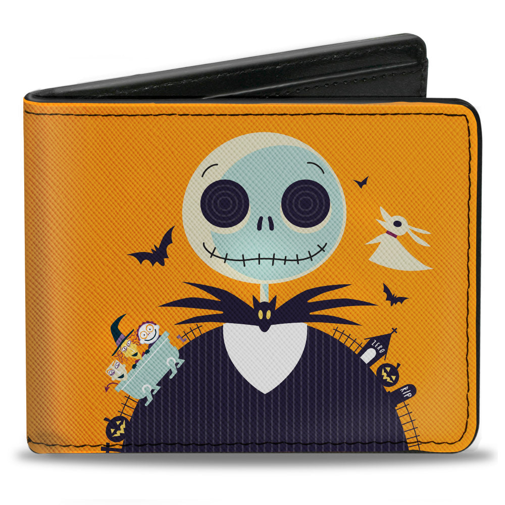 Bi-Fold Wallet - Nightmare Before Christmas Stylized Jack Cemetery Pose + Jack and Sally Spiral Hill Scene Ooogie Boogie Dice Pose Orange