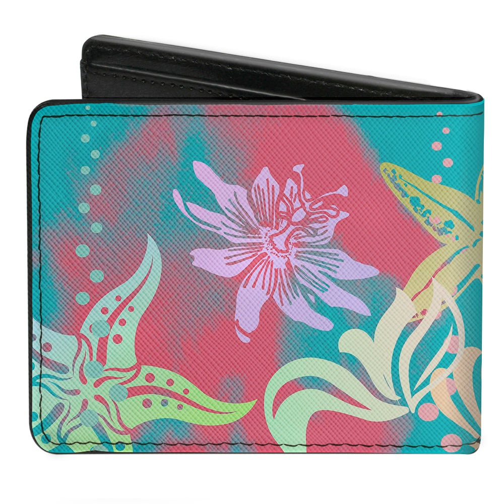 Bi-Fold Wallet - Ariel Pose Silhouette Shells &amp; Sea Flowers Collage2 Aqua Blue Multi Color