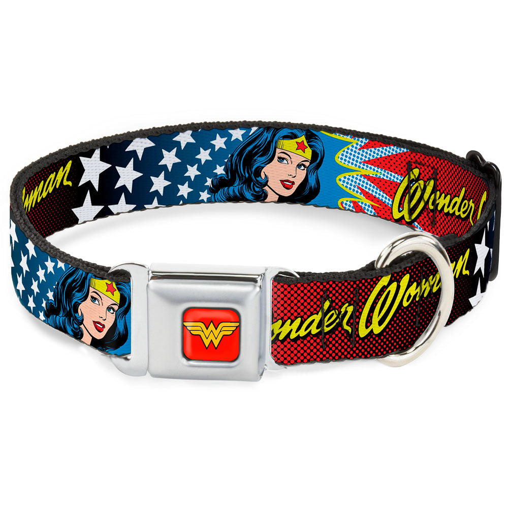 Wonder Woman Logo Full Color Red Seatbelt Buckle Collar - Wonder Woman Face w/Stars