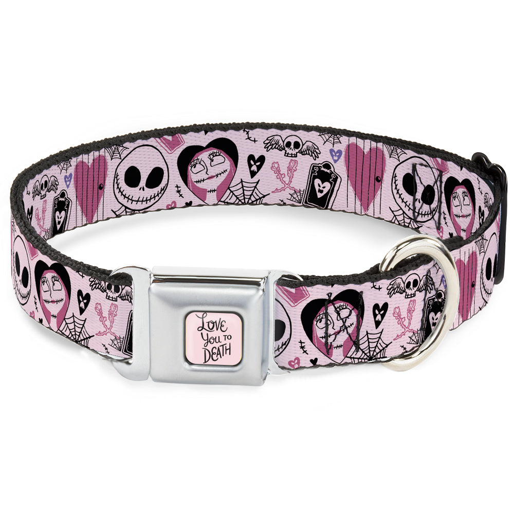 The Nightmare Before Christmas LOVE YOU TO DEATH Full Color Pink/Black Seatbelt Buckle Collar - The Nightmare Before Christmas Jack and Sally Doodles Pinks/Black