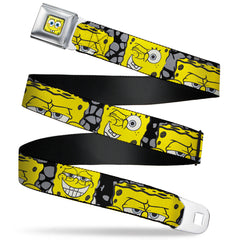 Sponge Bob Face CLOSE-UP Full Color Seatbelt Belt - SpongeBob 4-CLOSE-UP Expressions/Crackle Black/Gray/Yellow Webbing