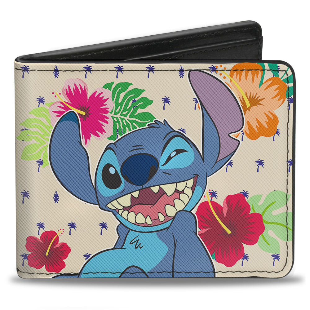 Bi-Fold Wallet - Stitch Winking Pose + OHANA MEANS FAMILY Tropical Icons Flora Cream Blue Multi Color