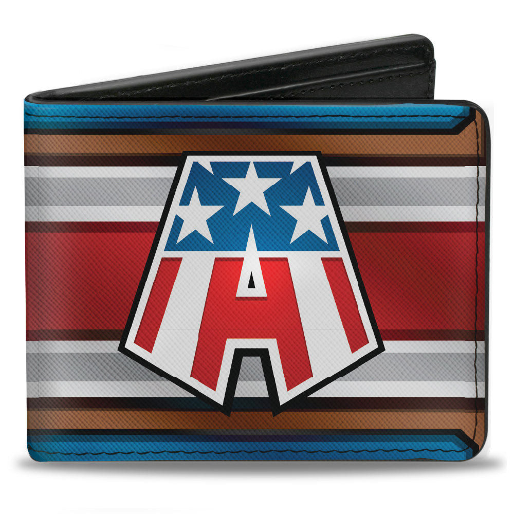 MARVEL AVENGERS Bi-Fold Wallet - Captain America &quot;A&quot; Logo + Text Stripe Blues Brown Grays Reds White