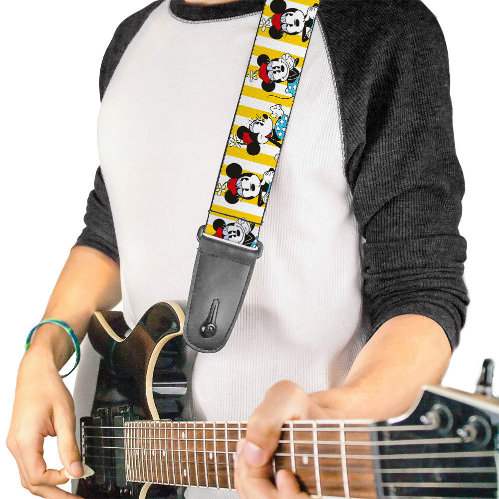 Guitar Strap - Minnie Mouse w Hat Poses Stripe Yellow White