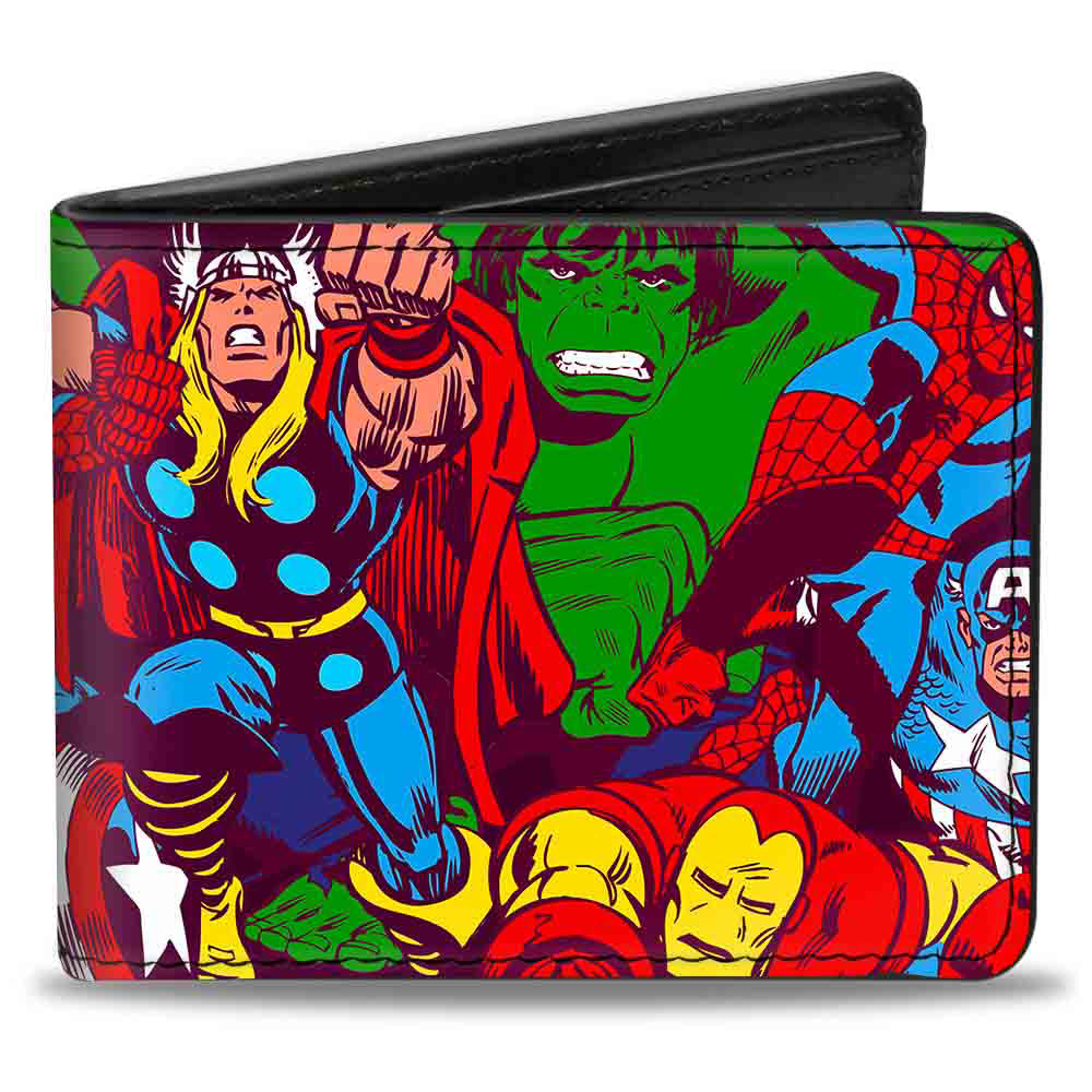 MARVEL COMICS Bi-Fold Wallet - 5-Retro Avenger Superhero Action Poses Stacked Black