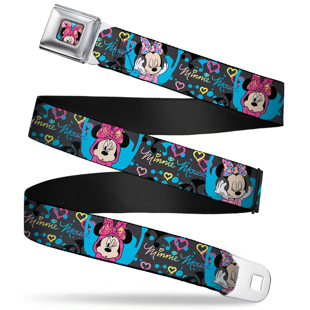 Minnie Mouse Winking CLOSE-UP Full Color Multi Color Seatbelt Belt - Minnie Mouse Hoody &amp; Headphone Poses Gray/Multi Color Webbing