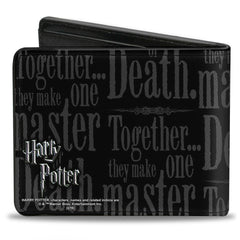 Bi-Fold Wallet - TOGETHER...THEY MAKE ONE MASTER OF DEATH. Deathly Hallows Symbol + HP Logo Black Grays White